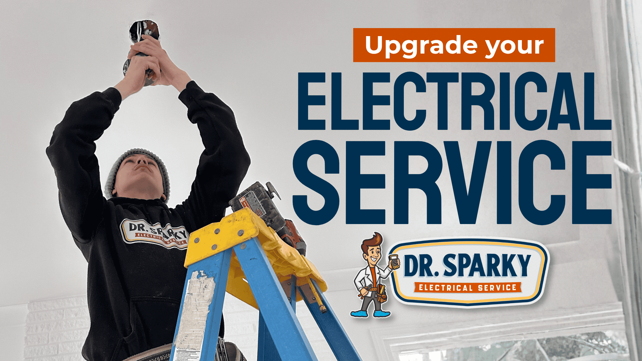 Technician upgrading electrical wiring with ladder in home.