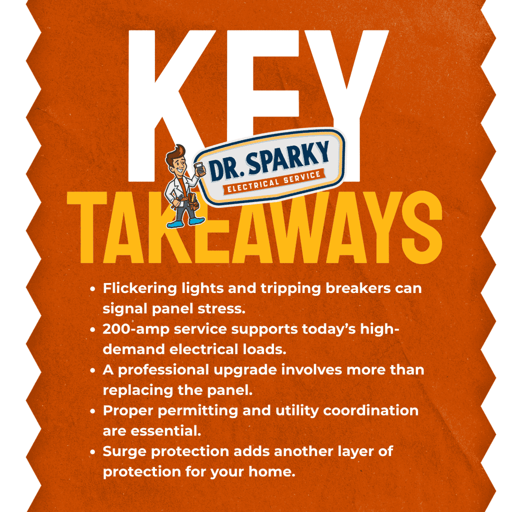 Electrical service key takeaways with Dr. Sparky logo and tips. electrical panel upgrade